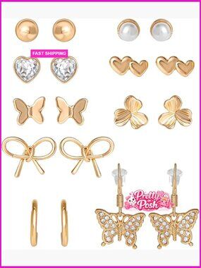 9 Pair Gold-Tone Studs Dangle and Hoop Earring Set for Women